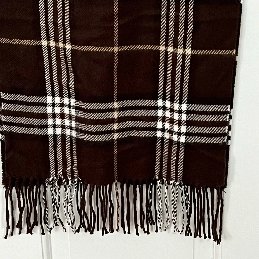 Cashmere 100% Made In Scotland Brown White Plaid Fringe Scarf Unisex One Size